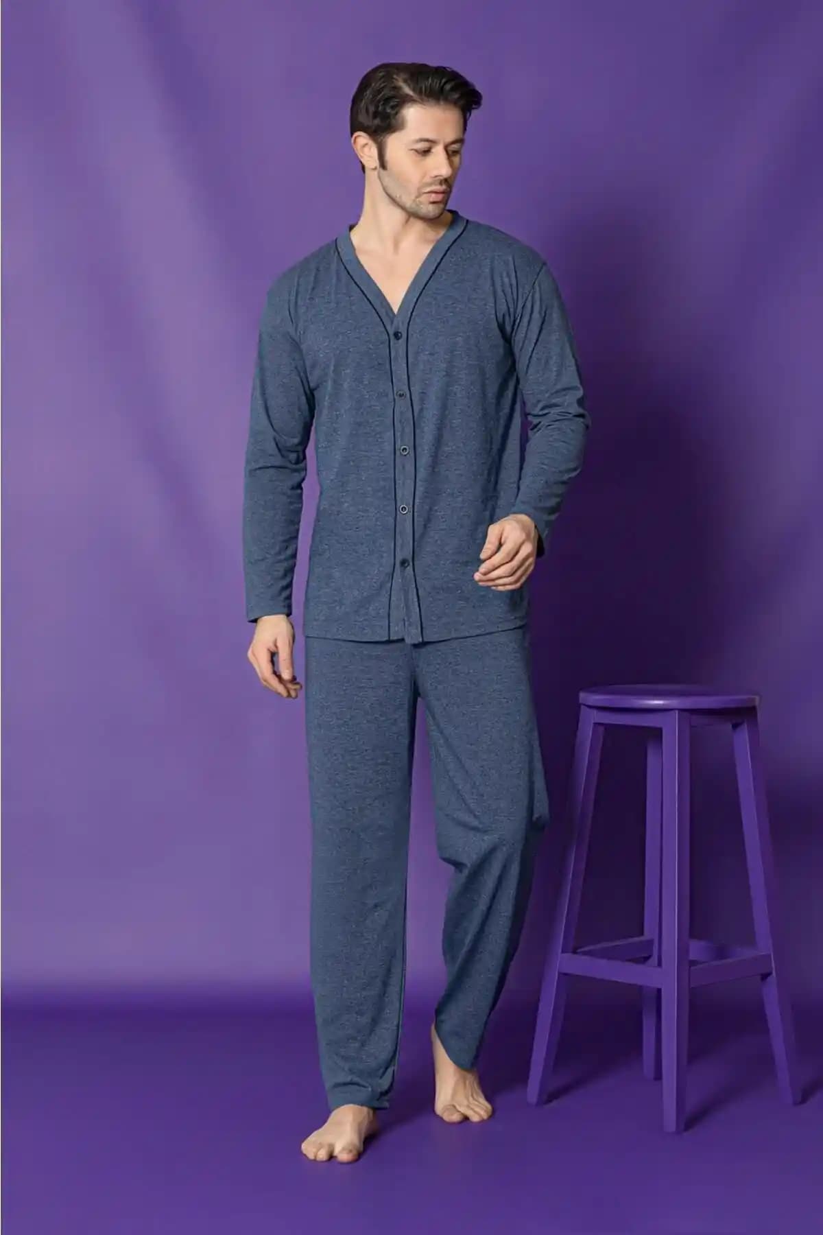 Sude HOMEWEAR Erkek Petrol Mavisi Uzun Kollu Düğmeli Pijama Takımı Modern Tasarım ve Konfor Sunar