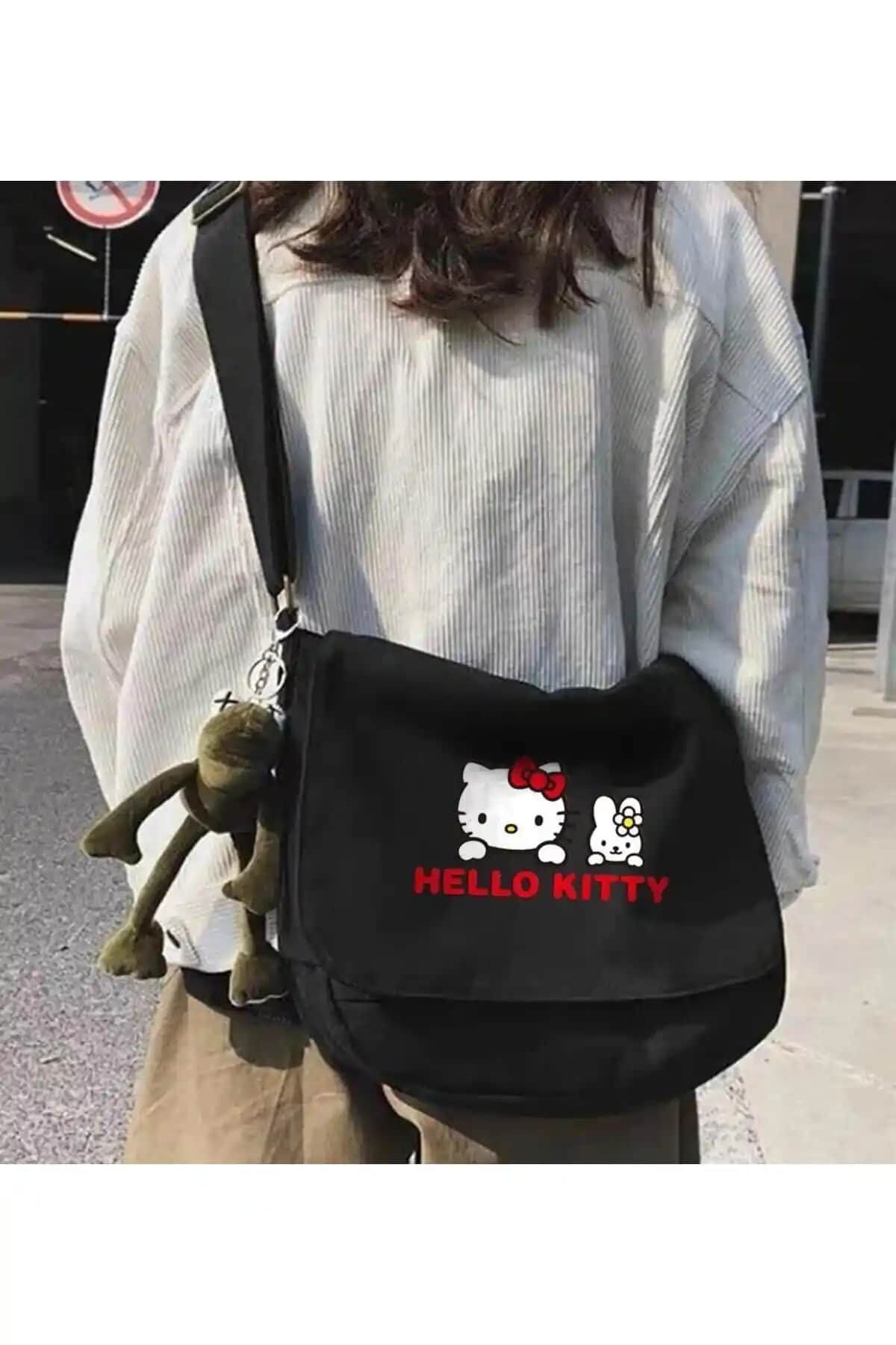 Toum Hello Kitty Baskılı Unisex Siyah Postacı Çantası Günlük ve Şık Kullanım İçin