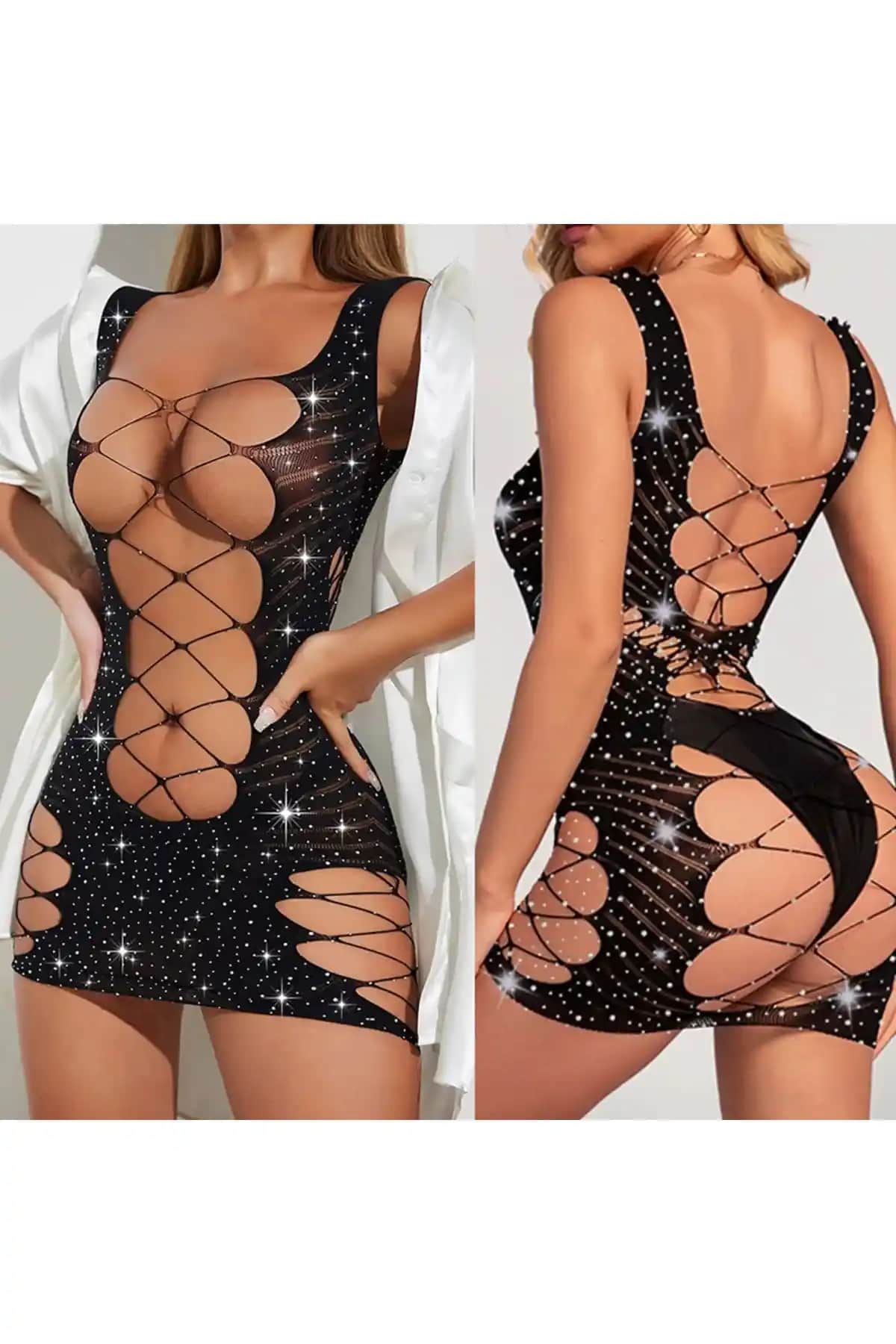 Bernato Göğüs Dekolteli File Detaylı Taşlı Mini Elbise Gecelik Tasarımı ve Özellikleri