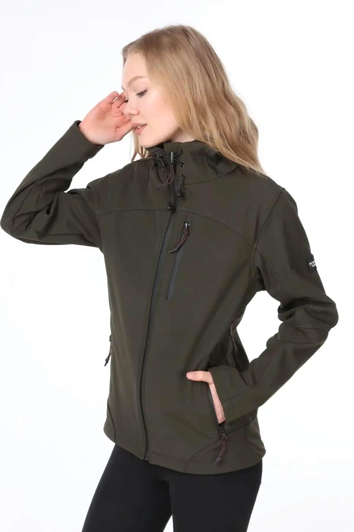 Ghassy Co Kadın Haki Su Rüzgar Geçirmez Softshell Spor Montu Günlük ve Outdoor Aktiviteler İçin