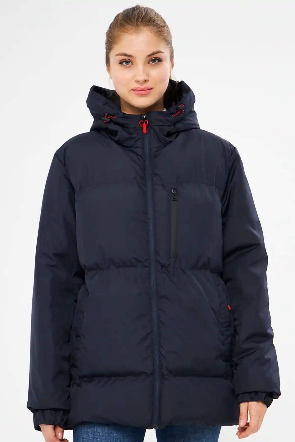 Kadın Lacivert Rüzgar Geçirmez Kapüşonlu Şişme Spor Kışlık Mont Özellikleri ve Kullanım Alanları