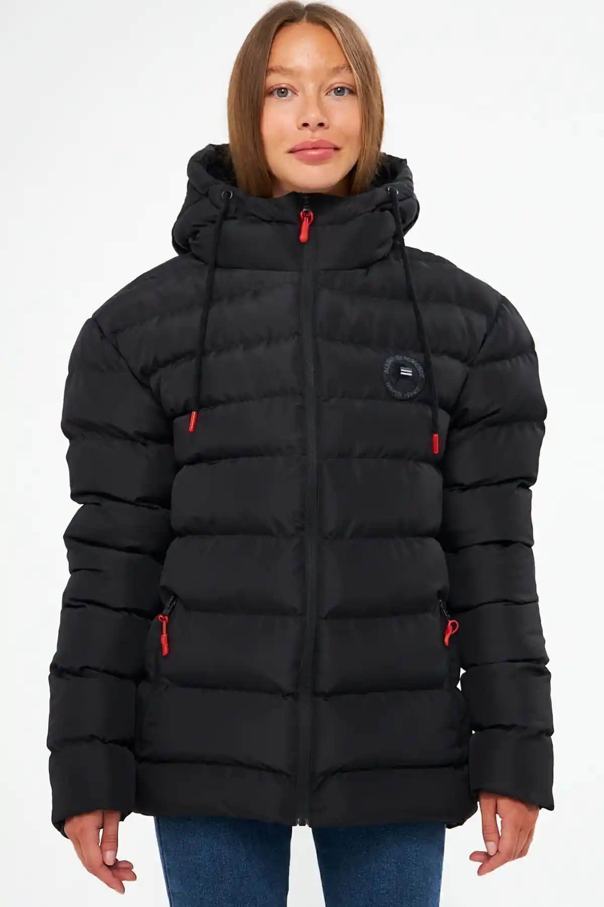 QAWWA Kadın Siyah Rüzgar Geçirmez Şişme Kışlık Spor Montu Günlük ve Doğa Aktiviteleri İçin