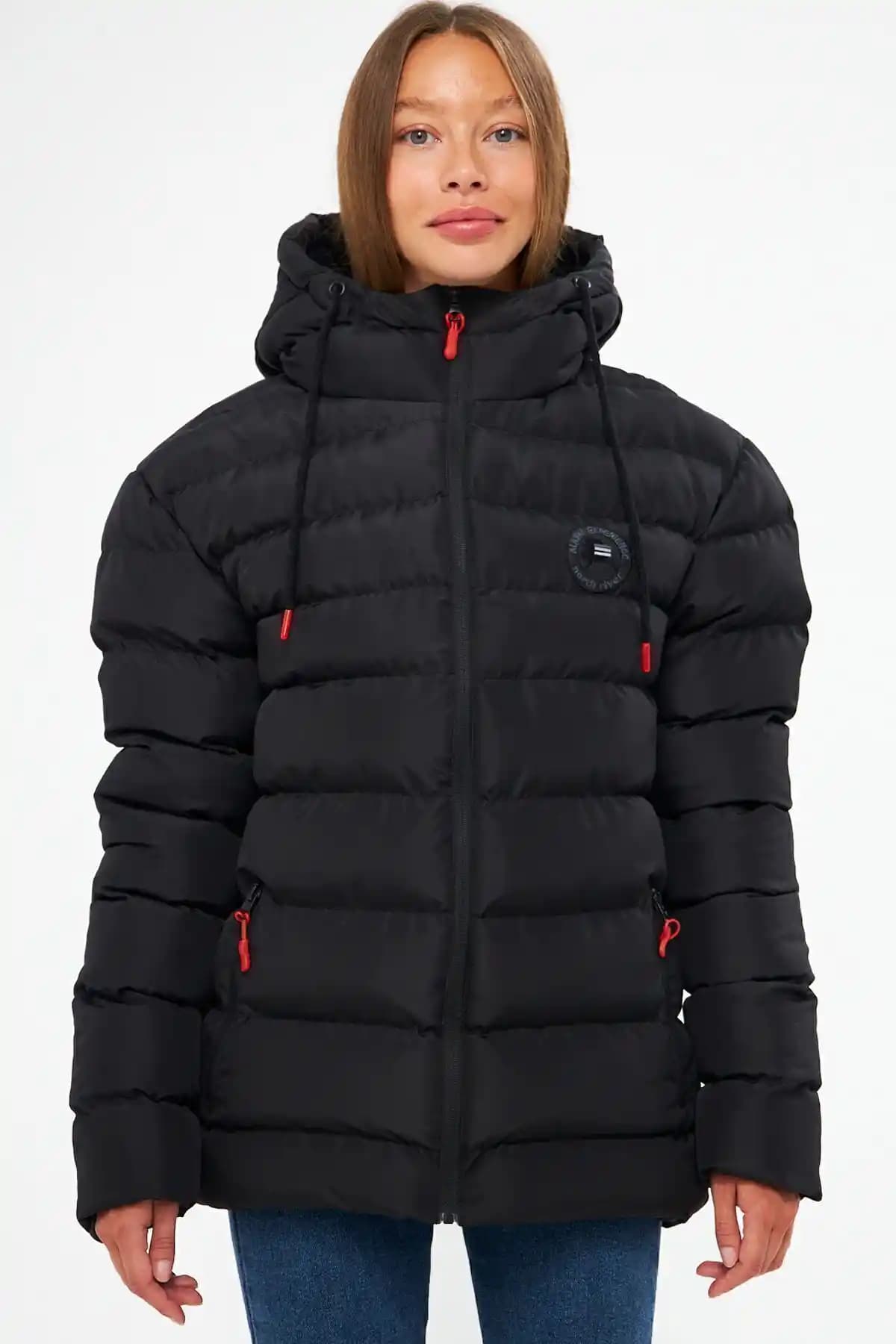 QAWWA Kadın Siyah Rüzgar Geçirmez Şişme Kışlık Spor Montu Günlük ve Doğa Aktiviteleri İçin