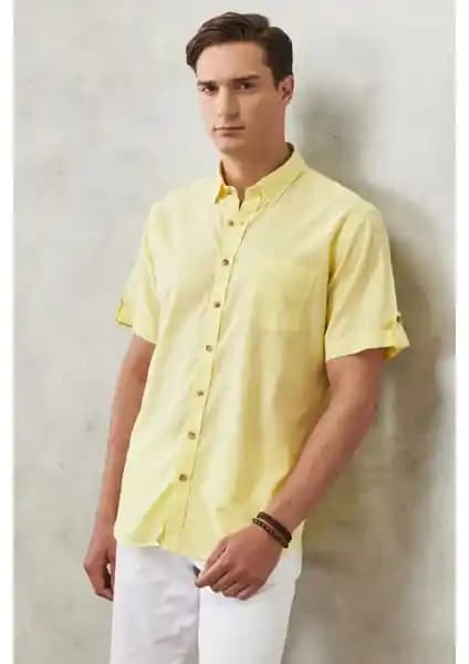 Altınyıldız Classics Erkek Açık Sarı Comfort Fit Keten Görünümlü Kısa Kollu Gömlek Rahatlığı