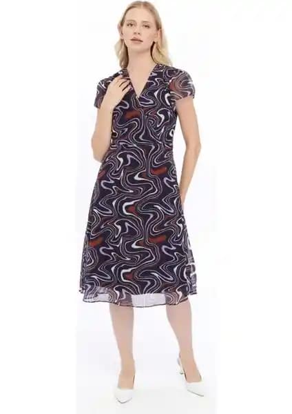 Apsen Kadın Lacivert Desenli Kruvaze Yaka Midi Boy Şifon Elbise 4445-110