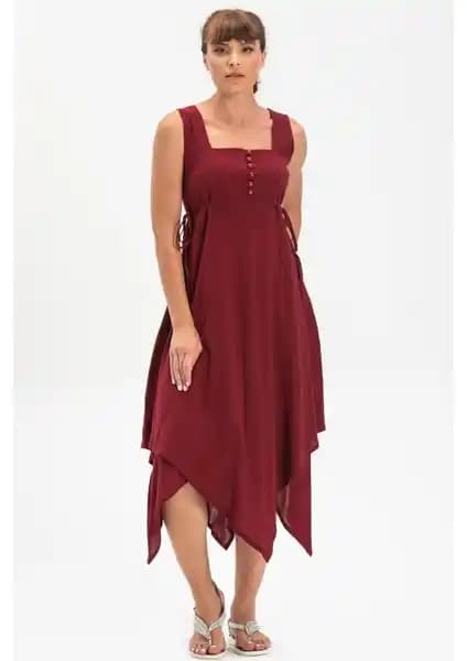 Eliş Şile Bezi Kolsuz Üçgen Katlı Midi Boy Yazlık Elbise Bordo Renkli Konforlu Tasarım