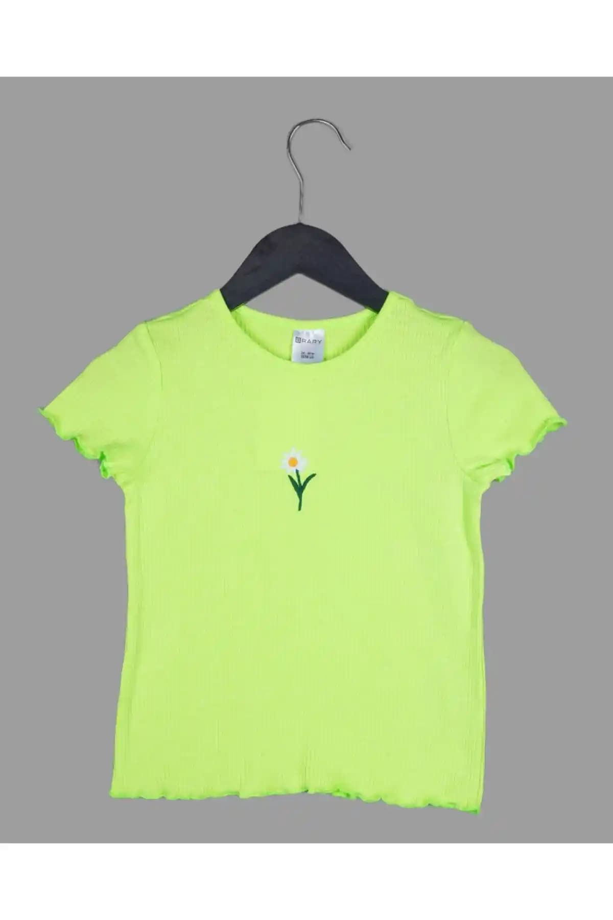 Esa Moda Neon Yeşil Papatya Nakışlı Fıtıllı Kaşkorse Tişört - Şıklık ve Konfor