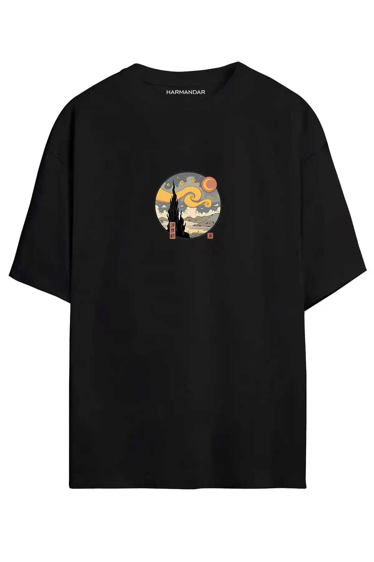 Harmandar Yıldızlı Gece Tablosu Unisex Siyah Beyaz Geniş Kesim Tişört Rahatlığı