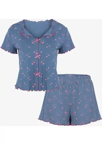 Koza İç Giyim Kadın Çiçek Desenli Fiyonklu Kaşkorse Kısa Kollu Şort Takımı - Yazlık Rahat Pijama