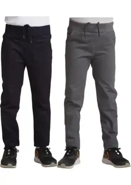 Mavimoure Çocuk Rahat Kalıp Ribana Bel Canvas Keten Okul Pantolonu 2 Adet