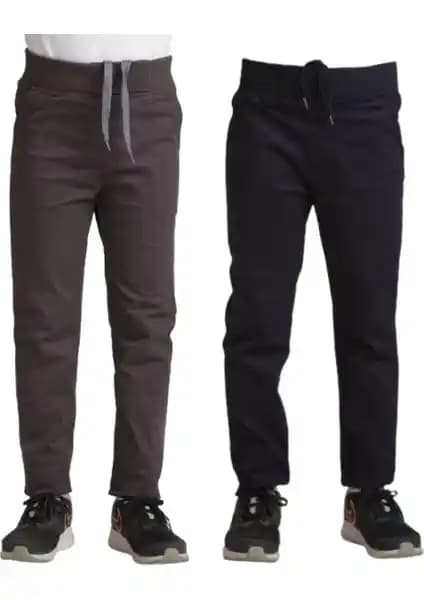 Mavimoure Unisex Çocuk Rahat Kalıp Ribana Bel Canvas Keten Okul Pantolonu 2 Adet