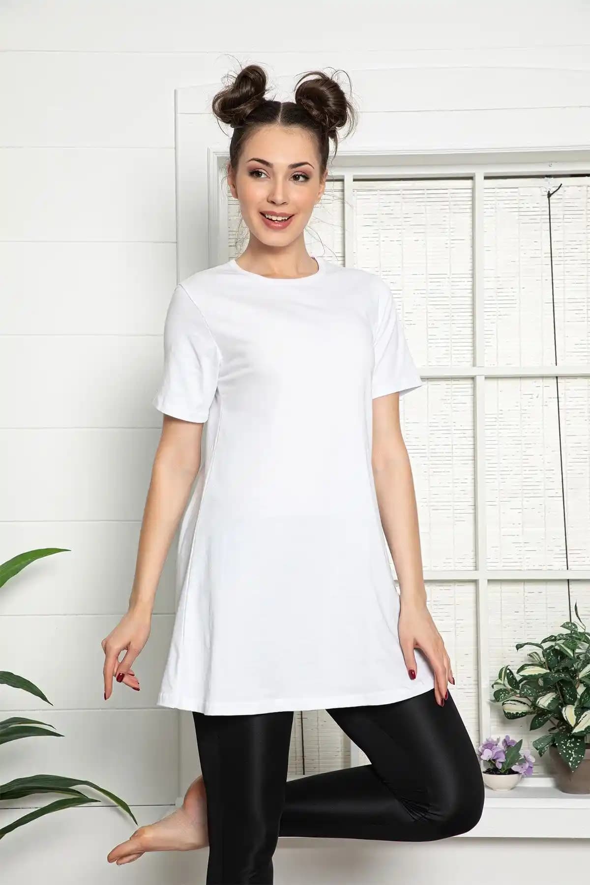 MyBen Kadın Beyaz Kısa Kollu Pamuklu Bisiklet Yaka Penye Tunik İçlik Rahat ve Şık Tasarım