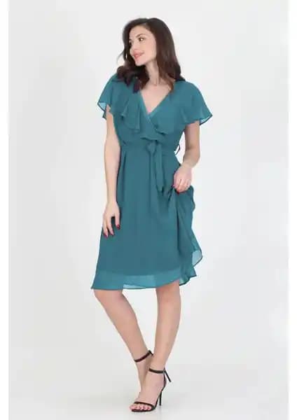 Neşeli Butik Petrol Mavisi Melek Kol Kruvaze Yaka Şifon Elbise NB8081 Özellikleri