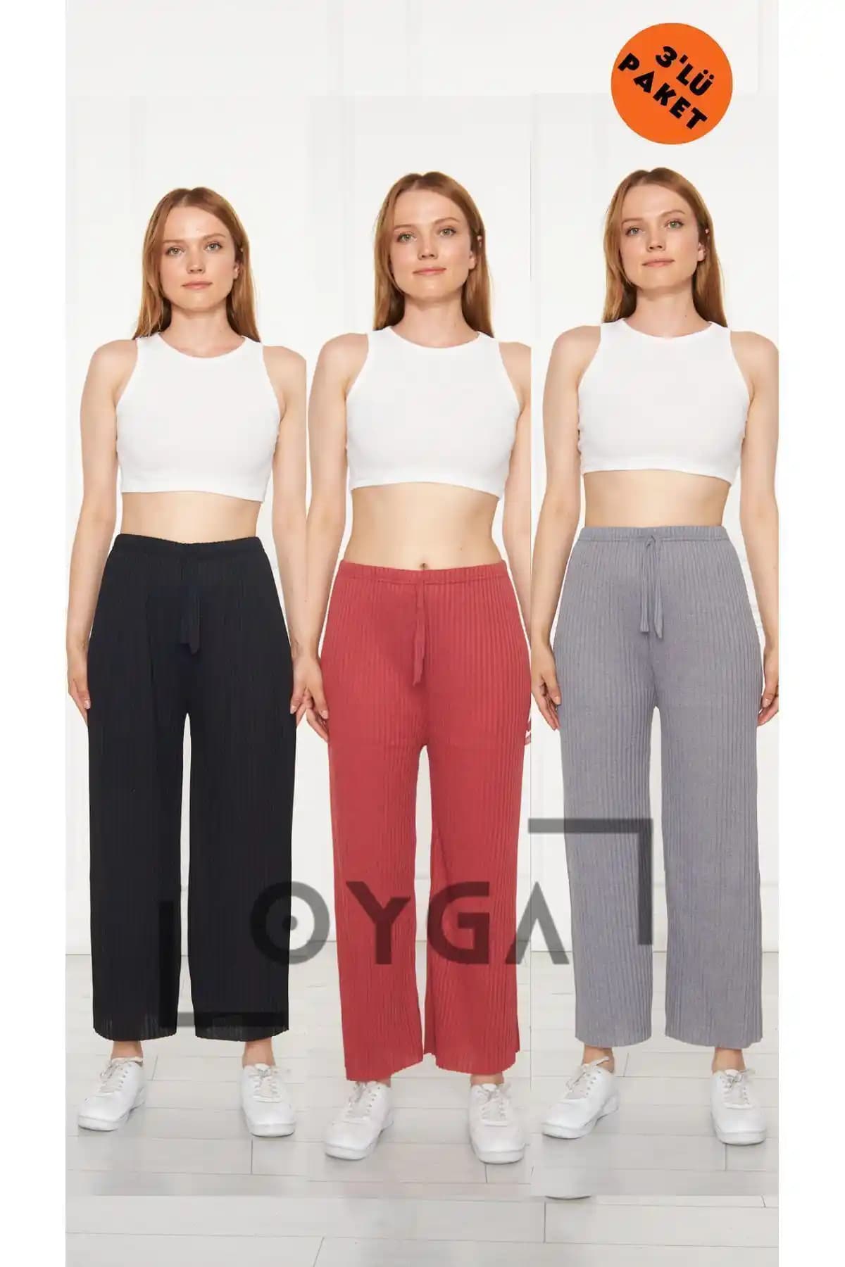 Oyga 3'lü Siyah-Gül Kurusu-Füme Kadın Fitilli Raporlu Pantolon ve Eşofman Seti