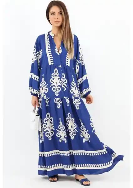 Ritnice Prive Kadın Şal Desen Maksi %100 Viskon Mavi Uzun Elbise Rahat ve Şık Tasarım