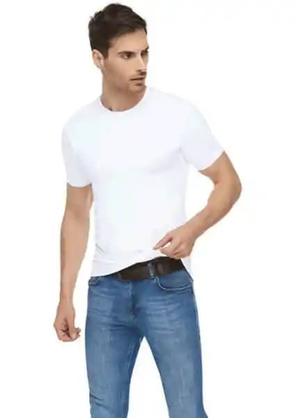 Tutku Elit ELT1301 Erkekler İçin Şık ve Konforlu Beyaz Elastan Sıfır Yaka Tişört