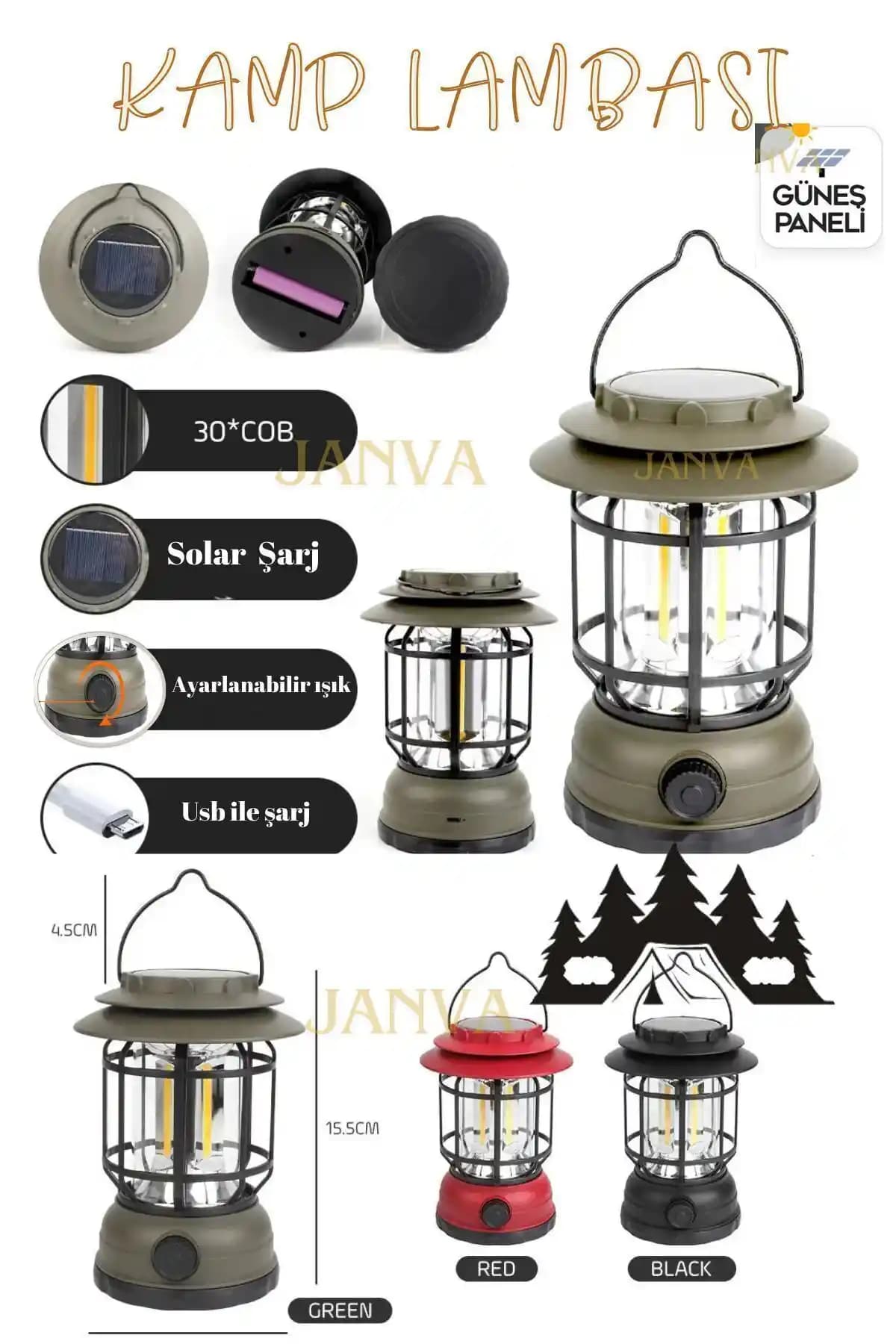 Janva Güneş Panelli Nostaljik LED Kamp Feneri: Çevre Dostu ve Çok Yönlü Aydınlatma Çözümü