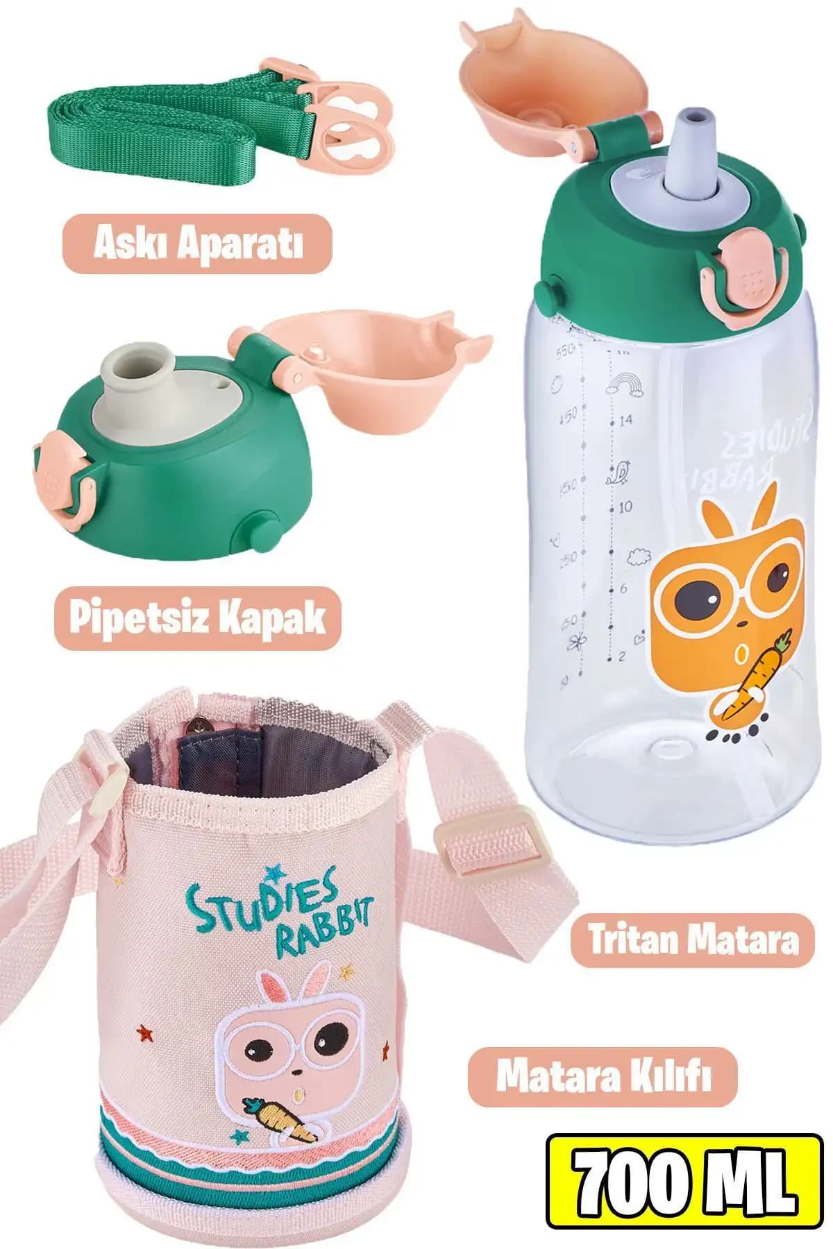 Uzspace 700 ml Büyük Boy Kılıflı ve Çift Kapaklı Tritan Su Matara