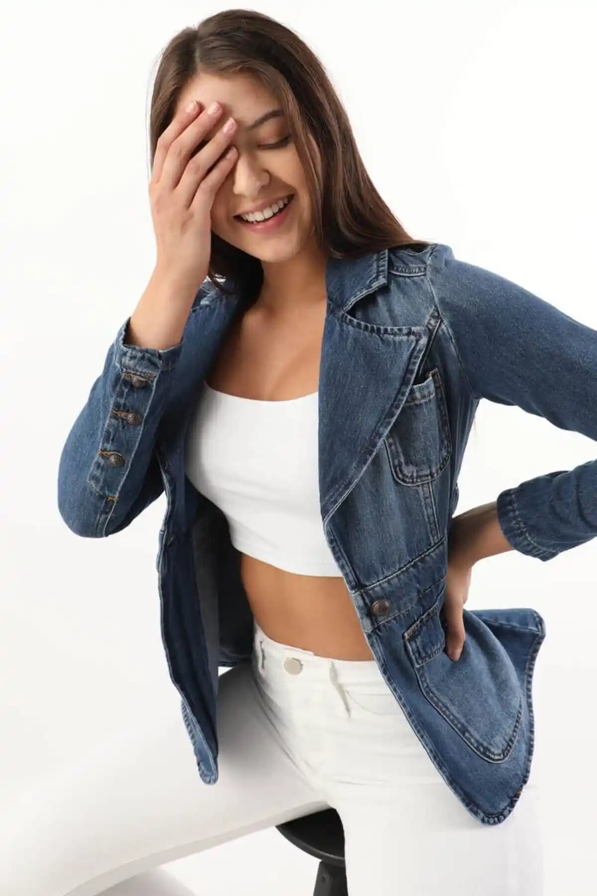 BANNY JEANS Kadın Uzun Kollu Tek Düğmeli Jean Ceket Modern ve Şık Tasarım