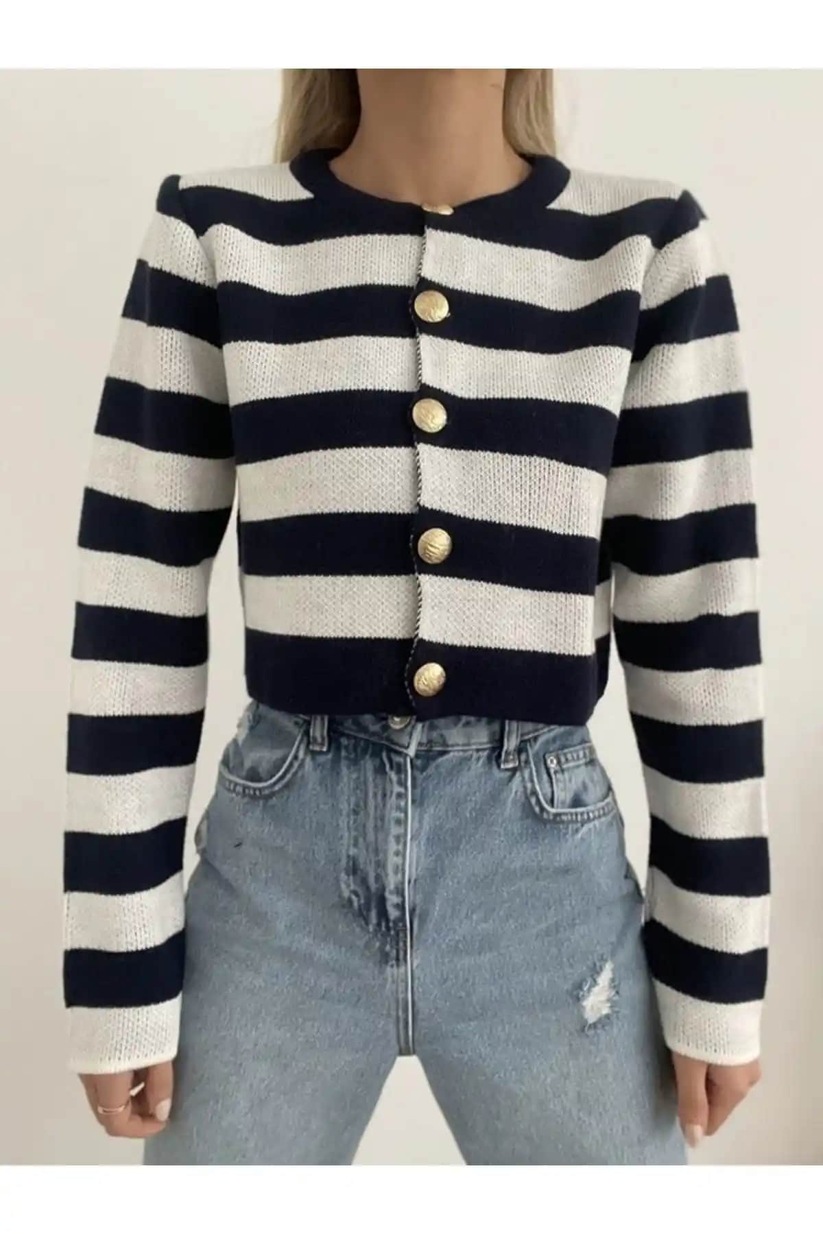 Bolesa Suadiye Kadın Kısa Triko Hırka Şerit Detaylı Modern Tasarım