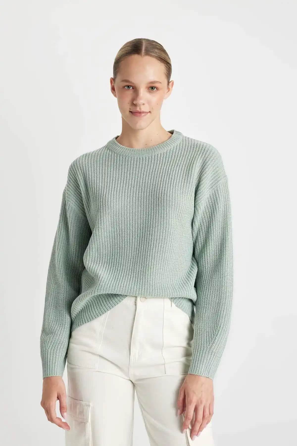 Defacto Kadın Regular Fit Bisiklet Yaka Triko Kazak Yeşil/Mint Renkli Günlük Kullanım