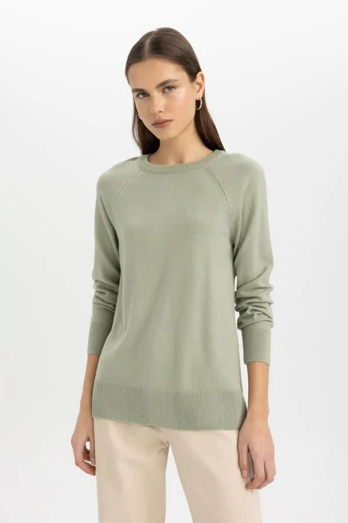 Defacto Yumuşak Dokulu Bisiklet Yaka Reglan Kol Basic Düz Triko Kazak Kadın Giyim