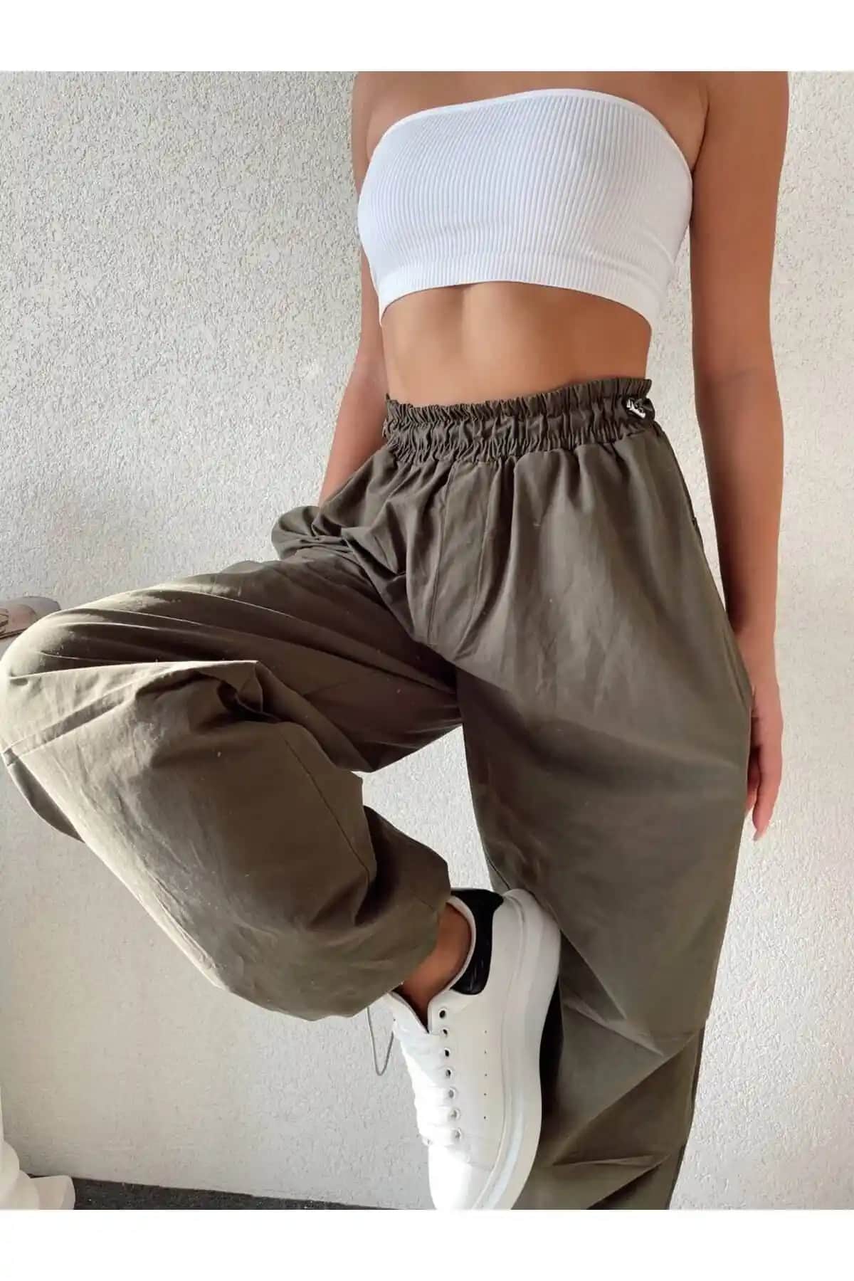 Denikk Marka Haki Renk Bol Kesim Bel Lastikli Yumuşak Kumaş Pantolon