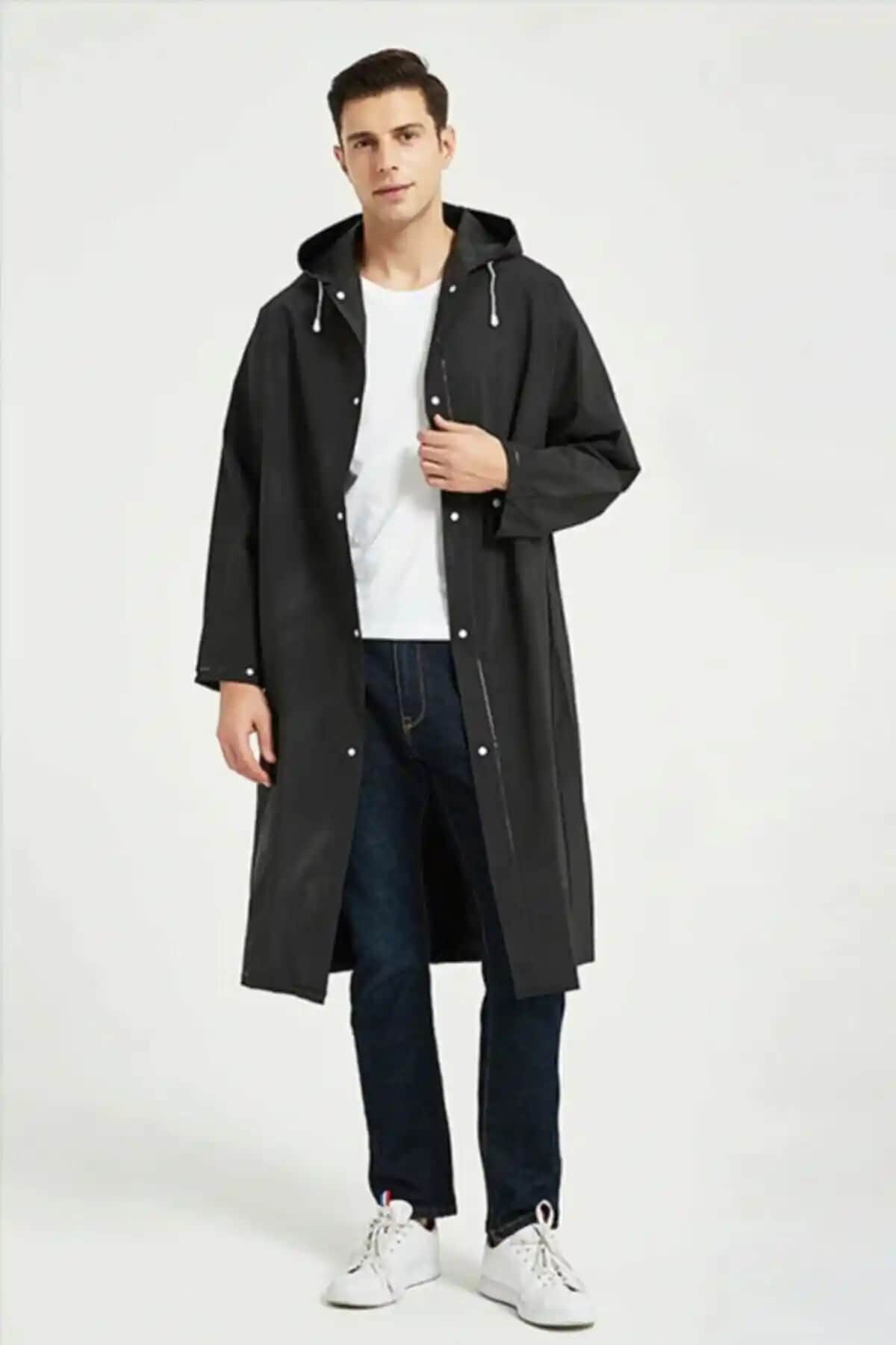 Dream Plus Siyah Su Geçirmez Unisex Denim Yağmurluk Günlük Kullanım İçin Uygun