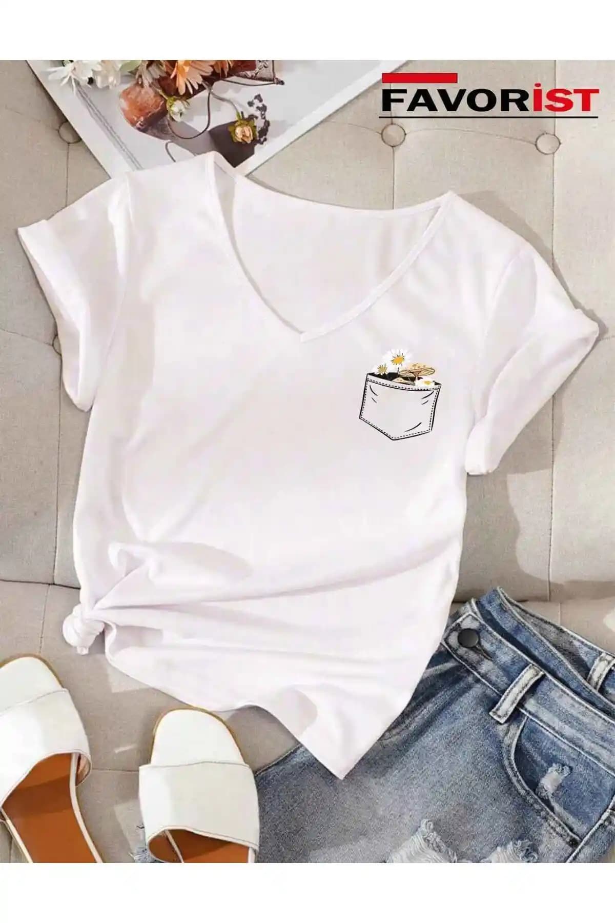 FAVORİST V Yaka Çiçek Baskılı Pamuklu Tişört Günlük ve Şık Kombinler İçin Ideal Seçenek