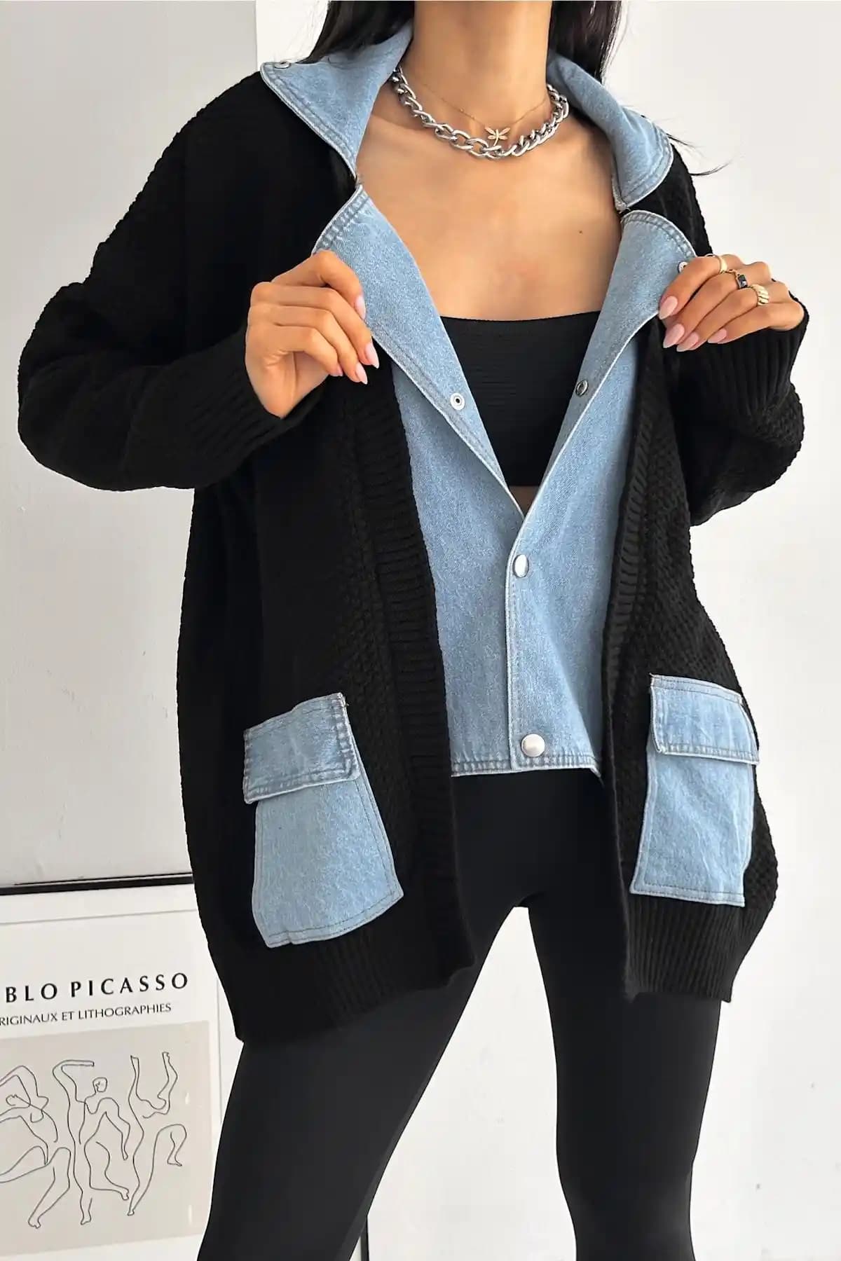 FEMELLE Kadın Siyah Oversize Kot Hırka Modern ve Şık Günlük Giyim Parçası