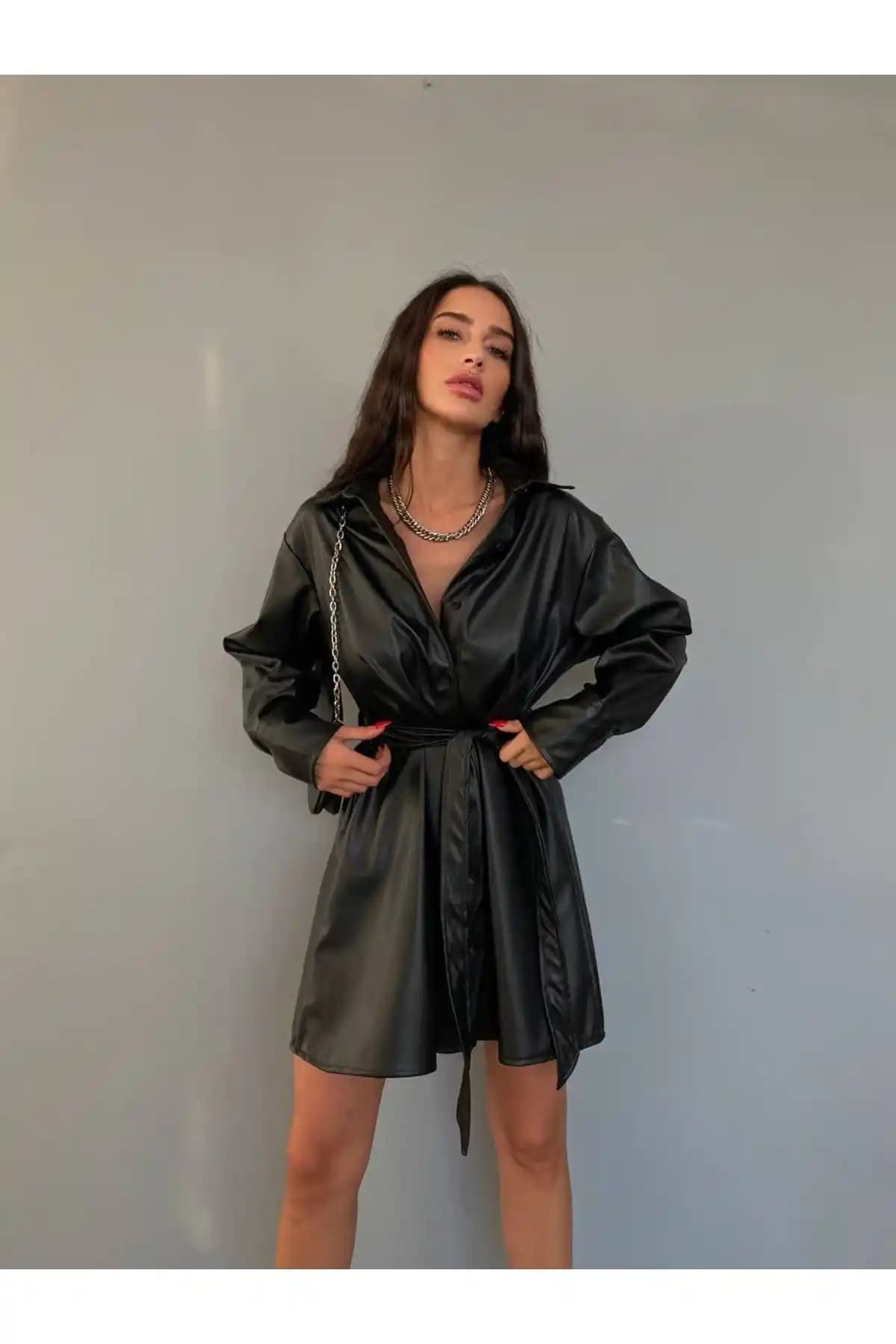 LB Laluna Kadın Siyah Deri Likralı Pile Detaylı Uzun Kollu Gömlek Elbise