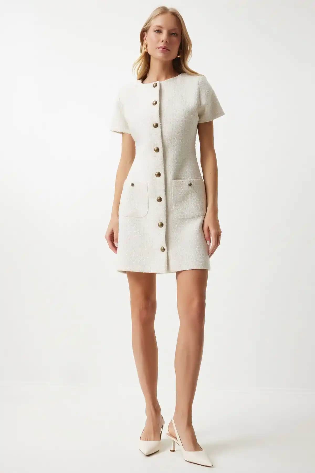 Lovelyİstanbul Cepli Düğmeli Mini Tüvit Elbise Günlük ve Şık Kombinler İçin Uygun