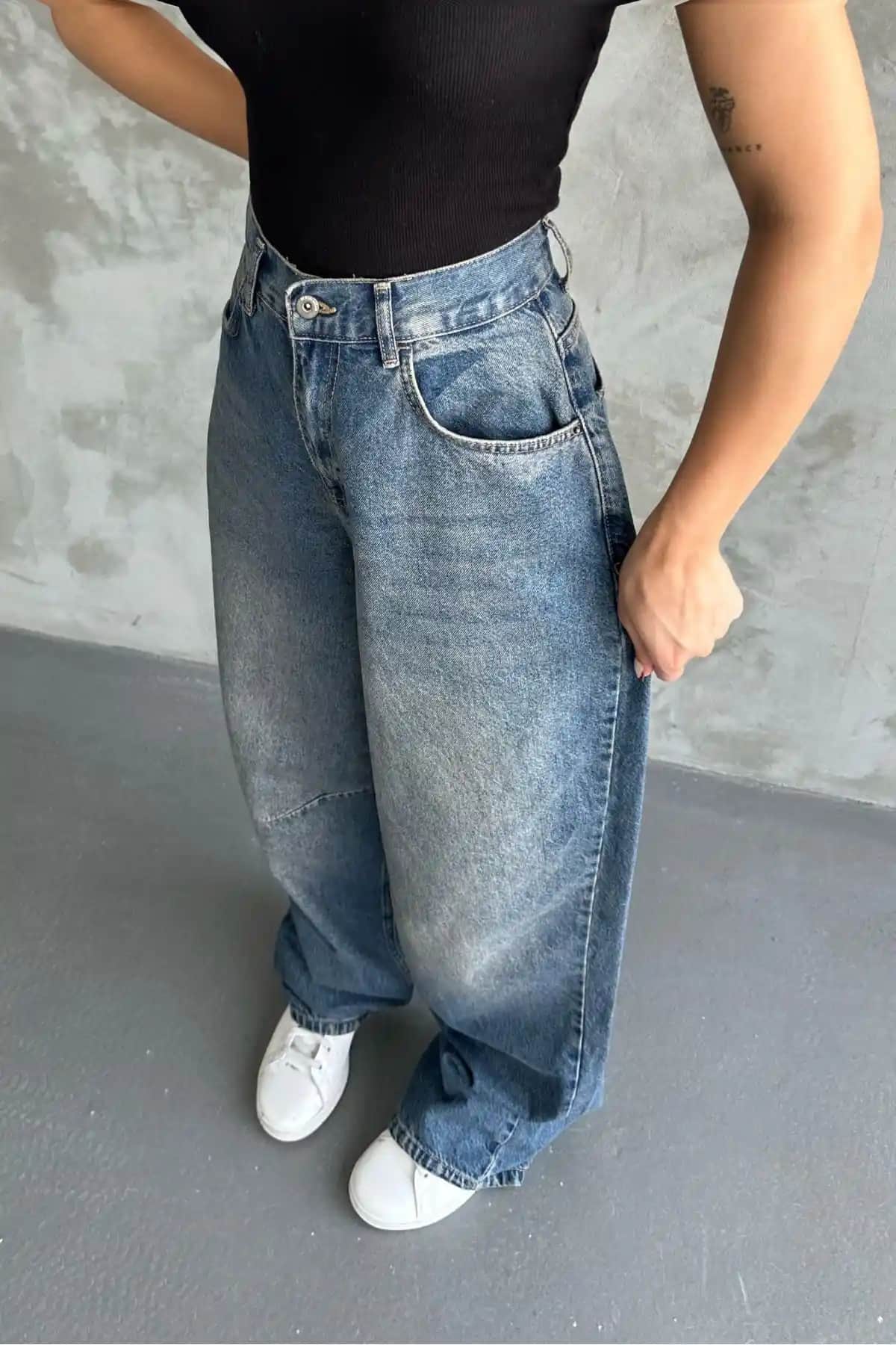 Macharel Jeans Bol Kesim Koyu Mavi Yüksek Bel Rahat Kadın Denim Pantolon