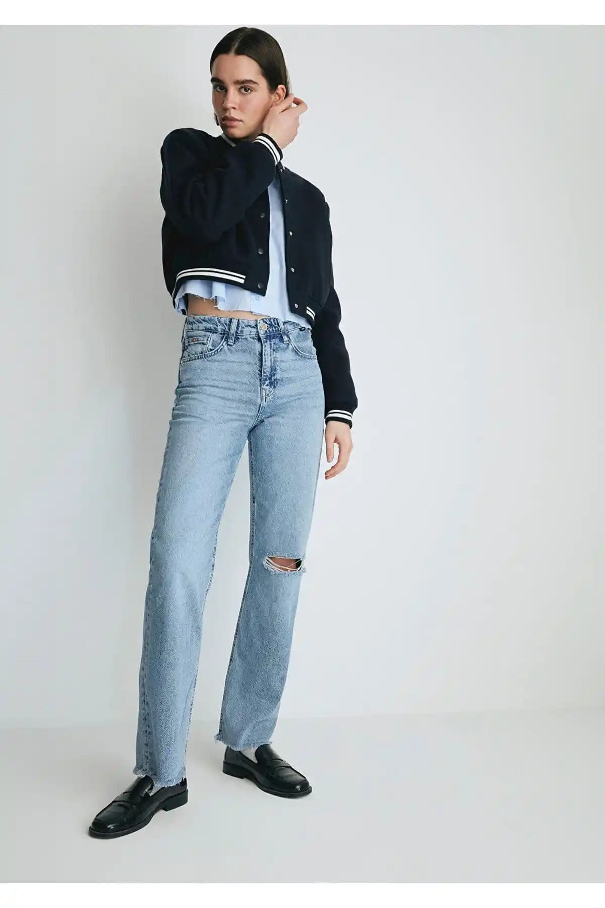 Mavi Barcelona Kolej Gölgeli Yırtıklı Indigo Jean Pantolon Günlük ve Modern Kullanım İçin