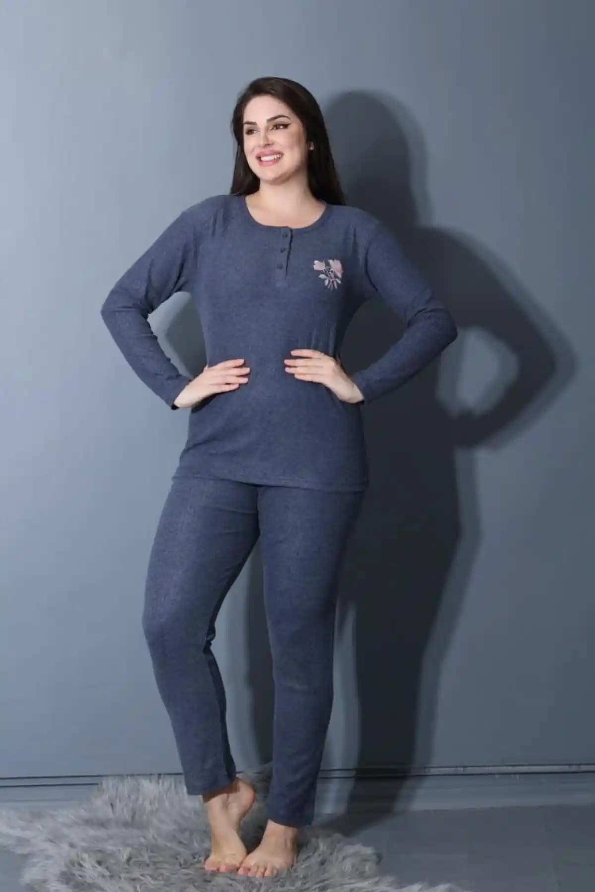 Meba Geniş Kalıp Anne Kışlık Uzun Kollu Lacivert Pijama Takımı - Rahat ve Şık Tasarım