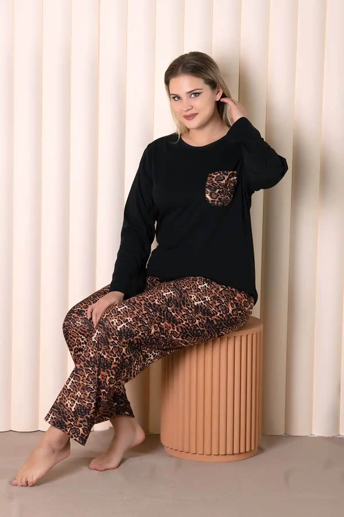 MyBen Büyük Beden Siyah Leopar Desenli Uzun Kollu Cepli Pijama Takımı