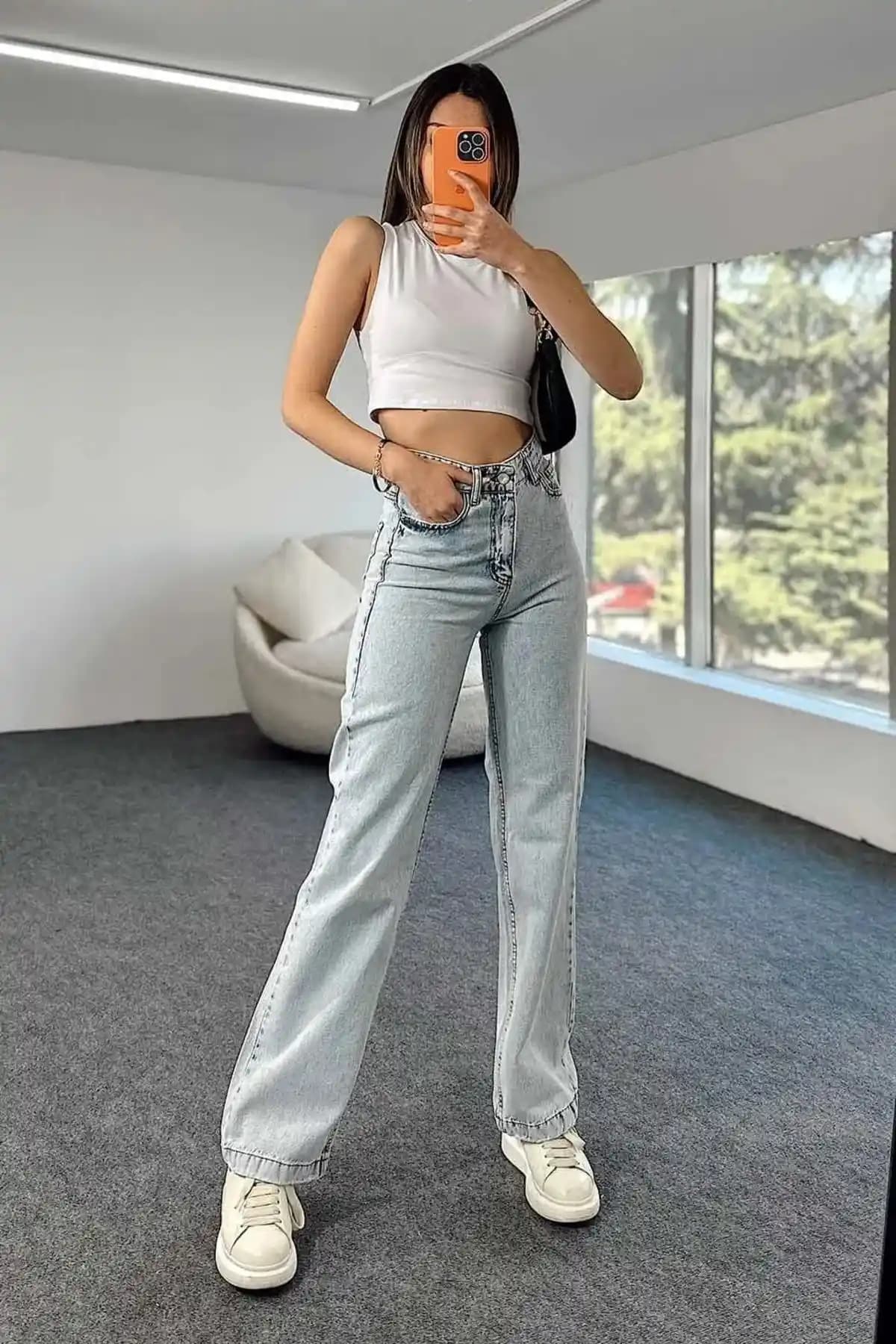 Ramrod Elle Mavi Power Likralı Yüksek Bel Salaş Jeans Palazzo Pantolon