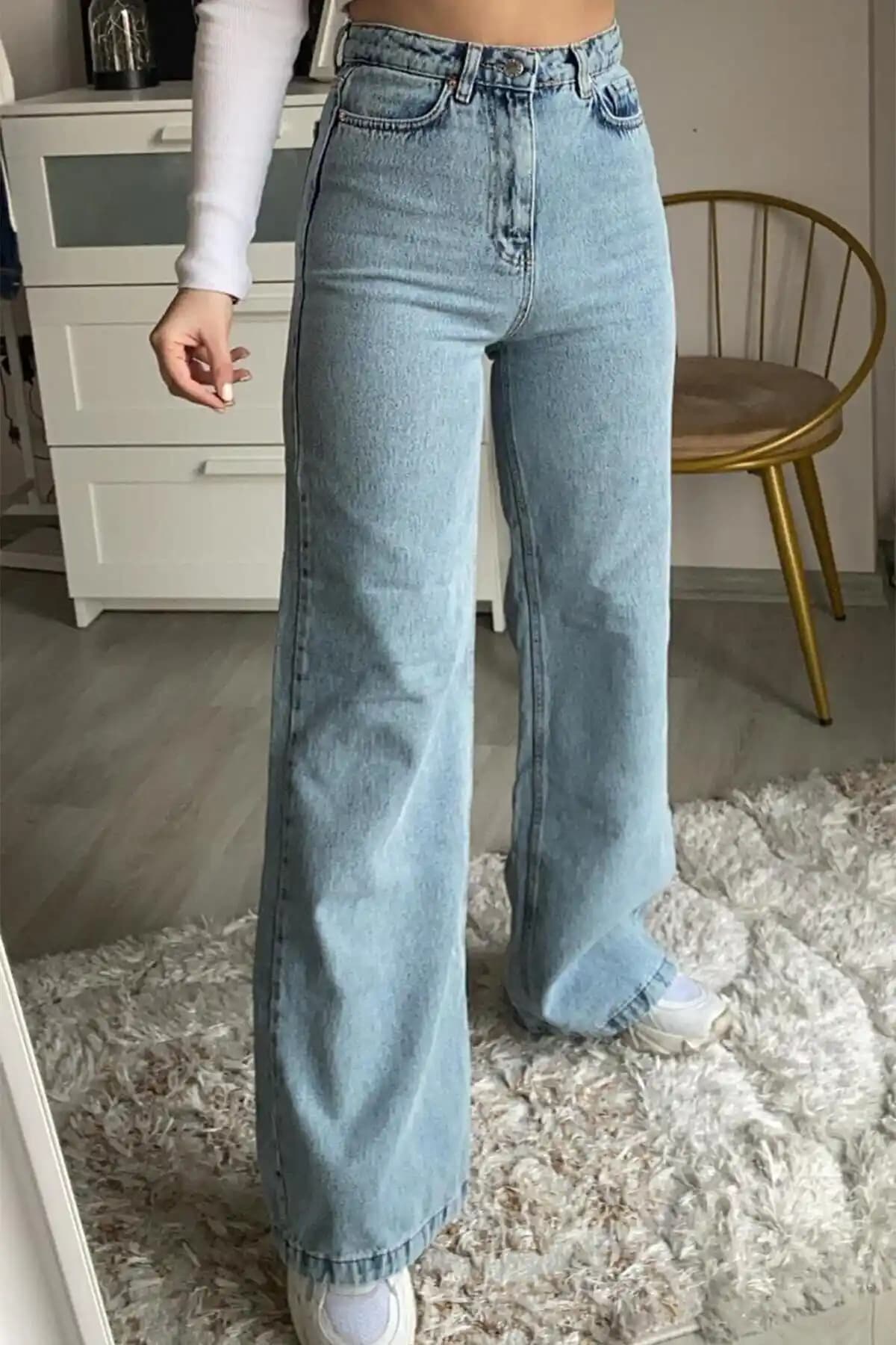 Ramrod Wolf 90's Kar Yıkama Mavi Likralı Yüksek Bel Salaş Jeans Palazzo Pantolon