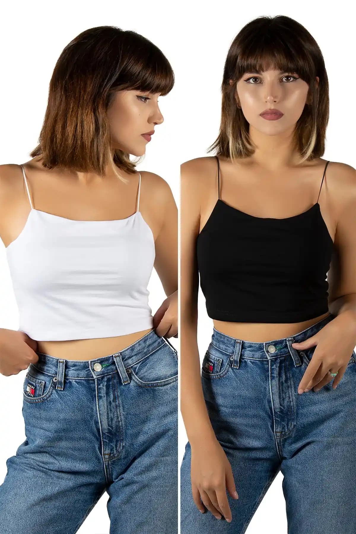 VEAVEN 2'li Kadın Crop Top Seti Siyah ve Beyaz Pamuklu Askılı Bluzler